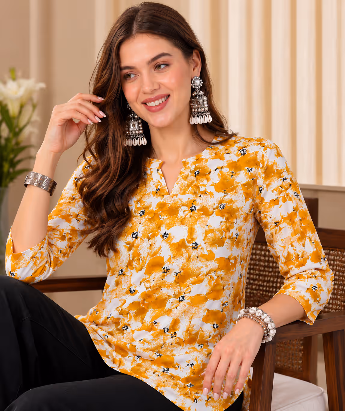 Mustard Floral Print Kurti thumbnail 2