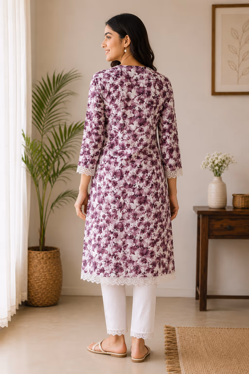 Purple Floral Printed Kurti with Lace Trim thumbnail 2