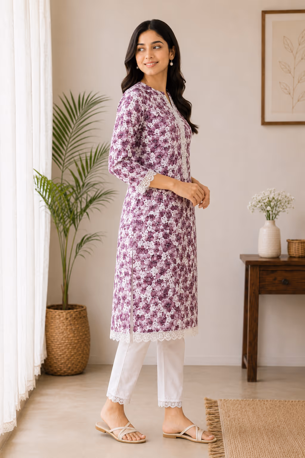 Purple Floral Printed Kurti with Lace Trim thumbnail 3