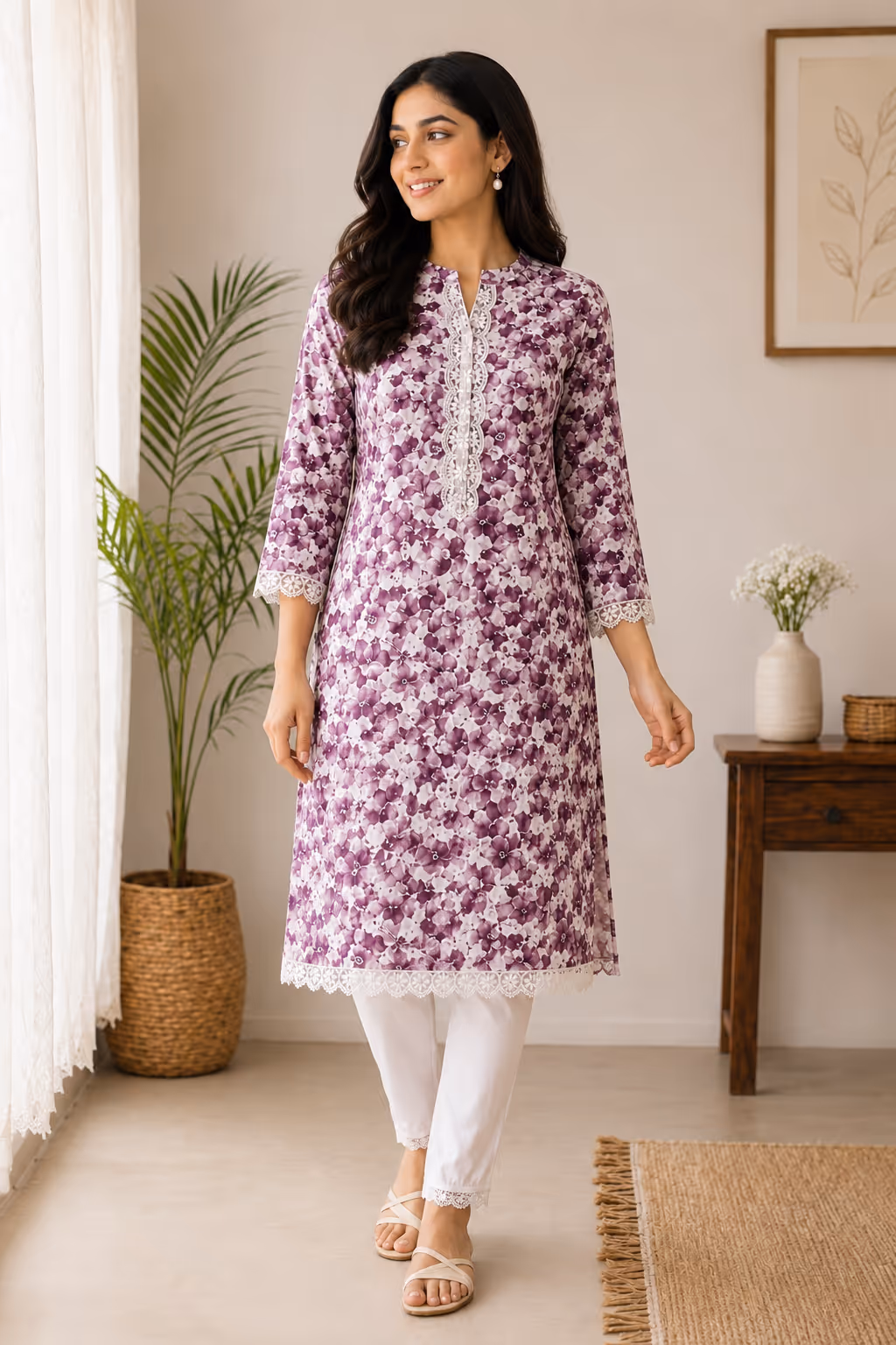 Purple Floral Printed Kurti with Lace Trim