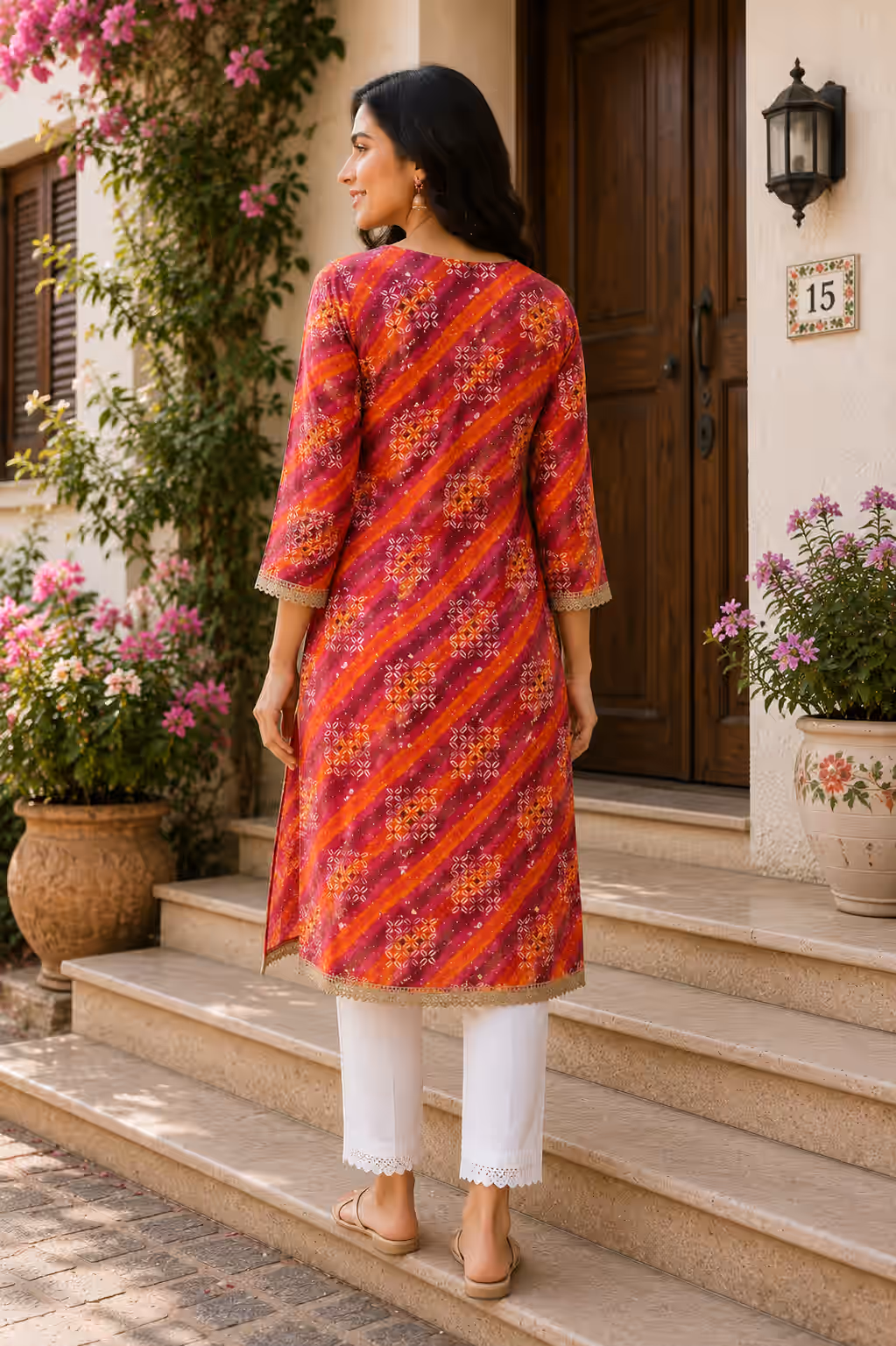 Pink & Orange Leheriya Print Kurti thumbnail 3
