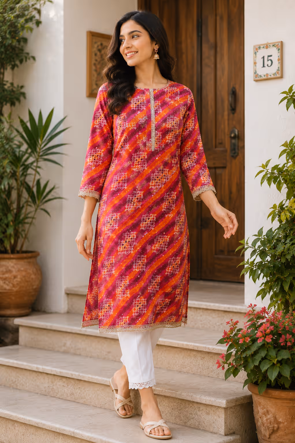 Pink & Orange Leheriya Print Kurti thumbnail 2