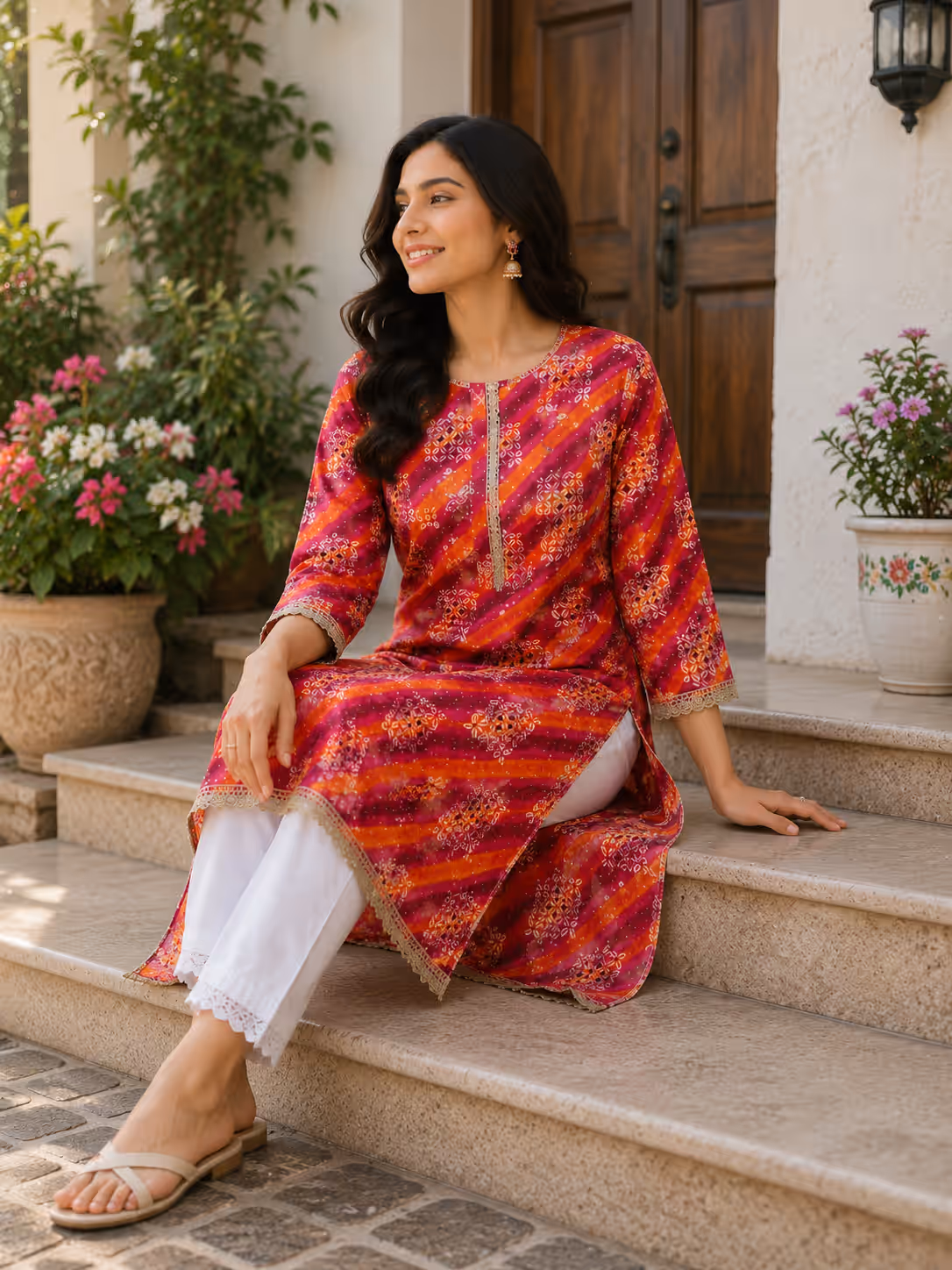 Pink & Orange Leheriya Print Kurti