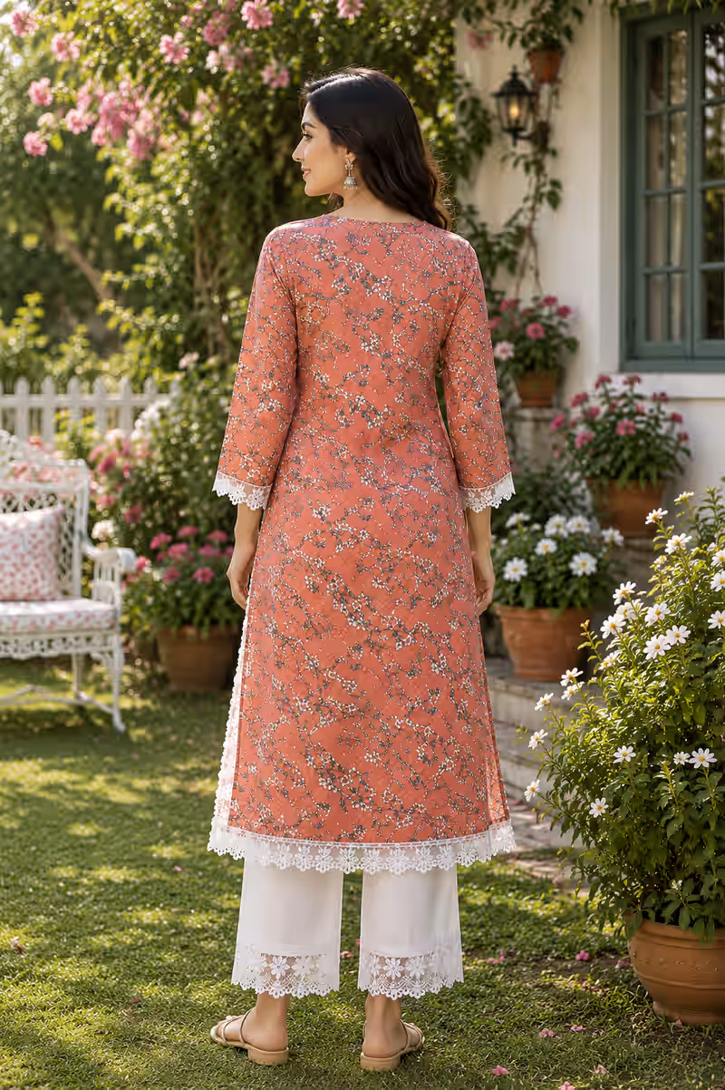Terracotta Floral Print Kurti with Lace Trim thumbnail 3