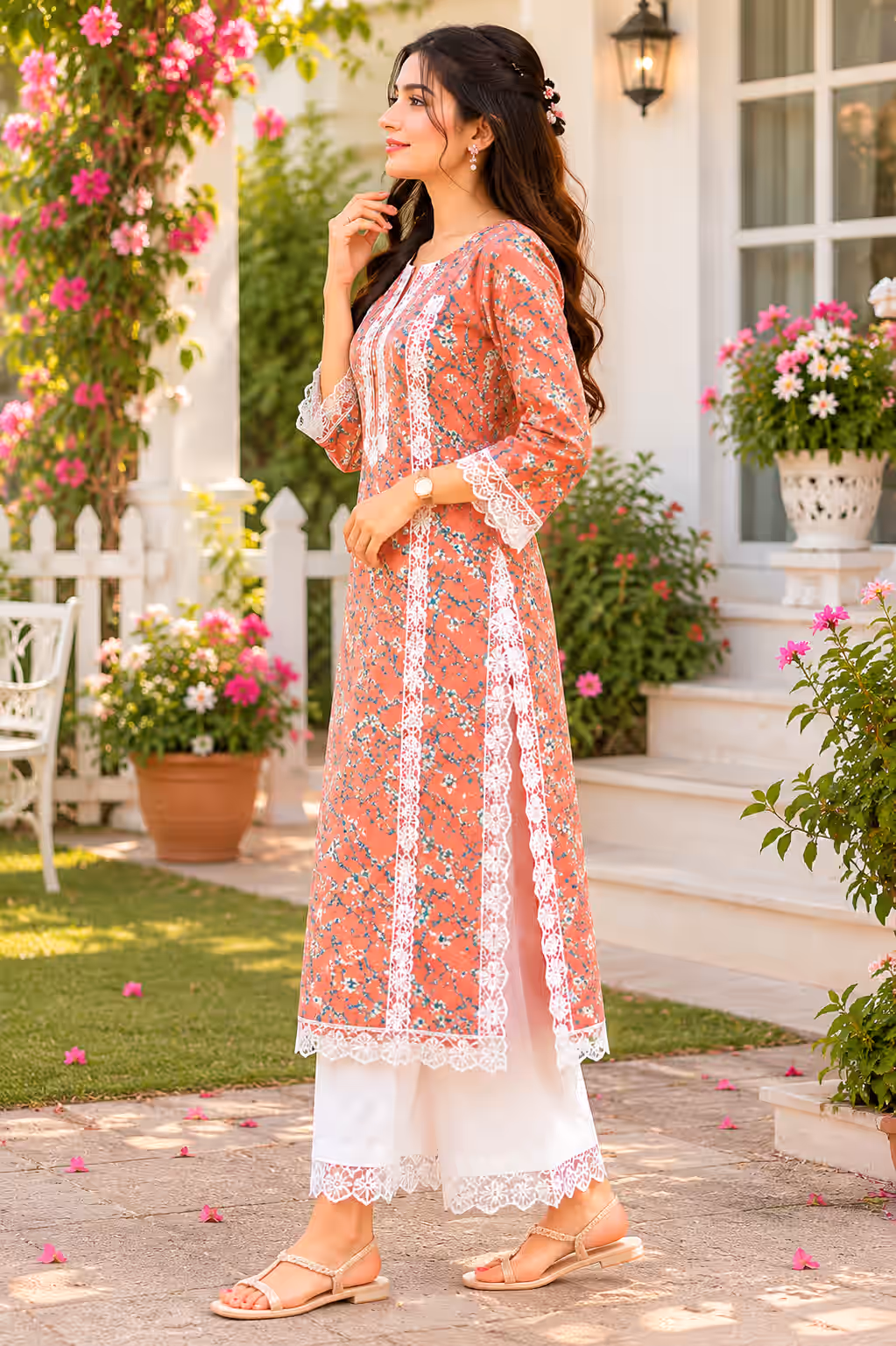 Terracotta Floral Print Kurti with Lace Trim thumbnail 2