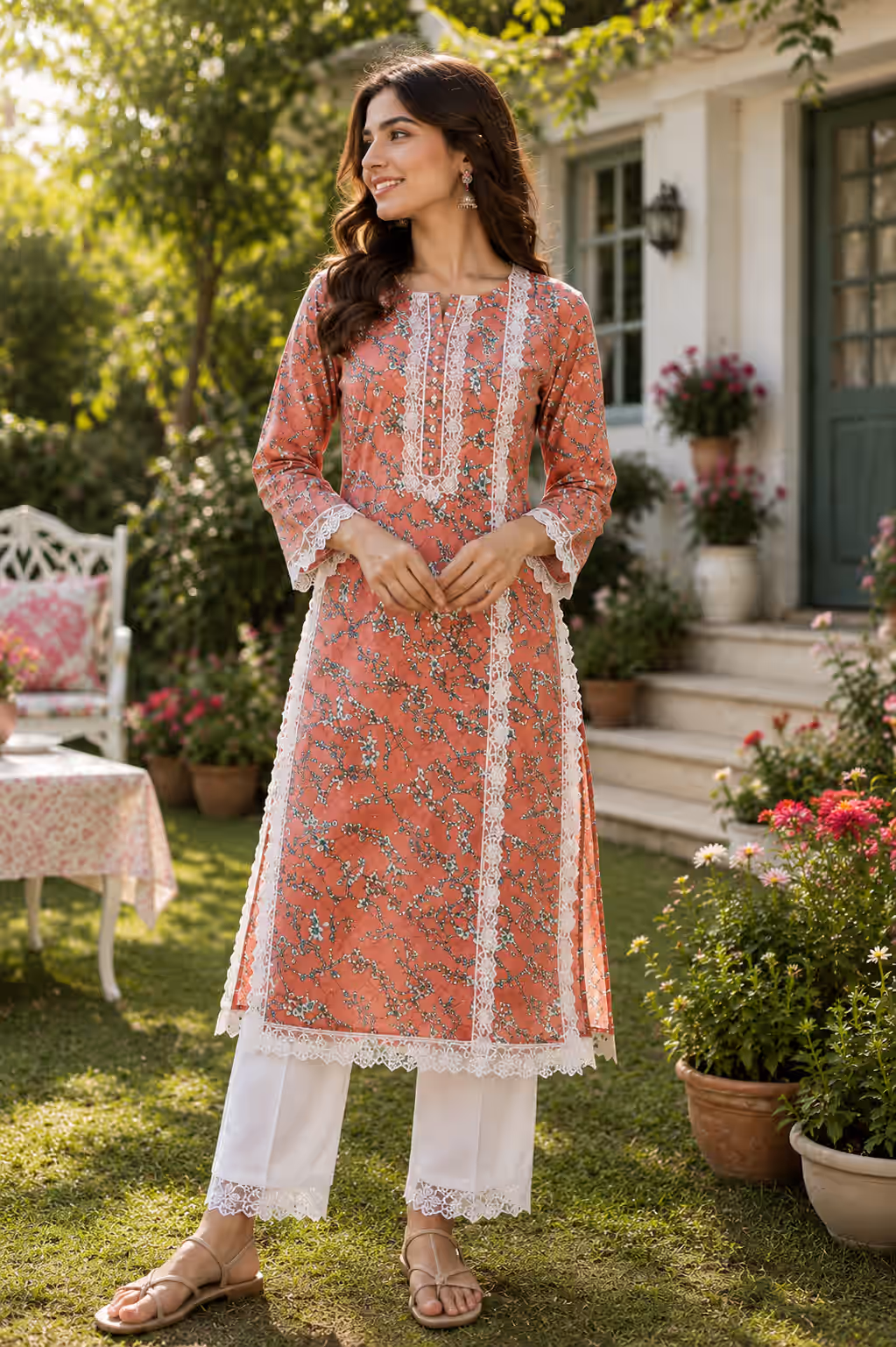 Terracotta Floral Print Kurti with Lace Trim
